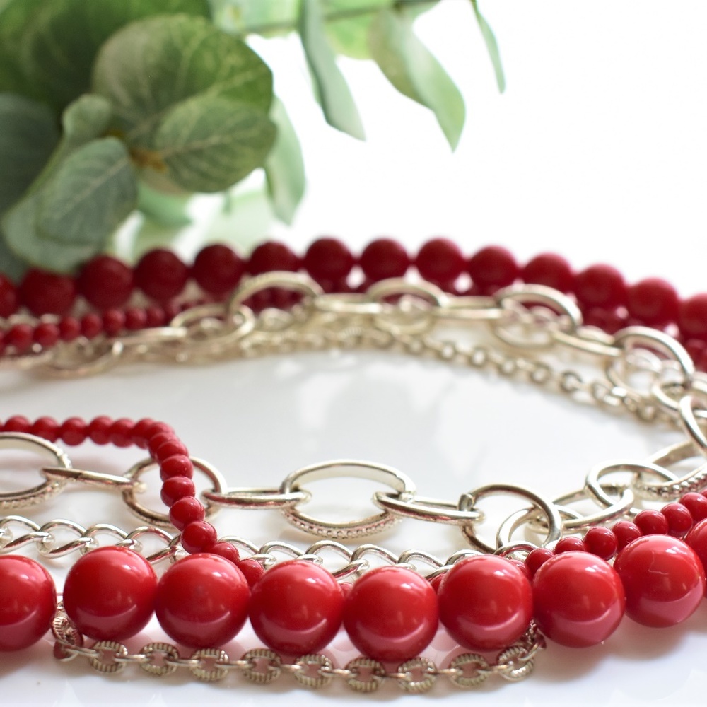 Red And Silver Beaded Multi Strand Necklace